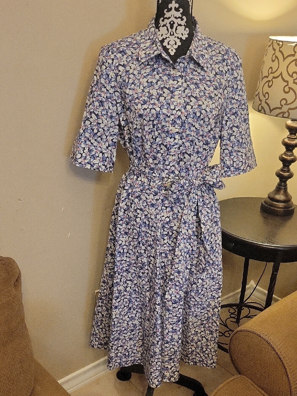 Ralph Lauren Blue Floral Shirt Midi Dress with Tie Waist